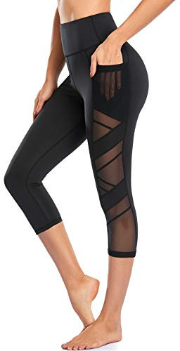 WE CUFFLLE Damen-Leggings aus Netzstoff, hohe Taille, Yogahose mit Taschen, Bauchkontrolle, 4-Wege-Stretch, Workout-Yoga-Leggings, Mesh Schwarz 3/4, S