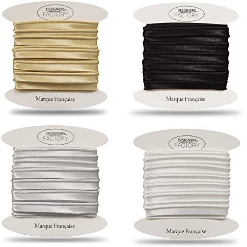 Schöne Satin paspelband - ideal für raffinierte Abschlüsse, zum Anbringen zwischen 2 Stoffen oder am Rand Ihrer Kreationen. (Satz mit 4 Stück (5 Meter pro Farbe), Weiß, schwarz, gold, silber)