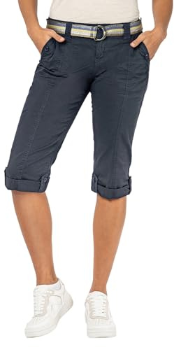 FRESH MADE Damen Capri-Hose 3/4-Shorts mit Metallic Gürtel Dark-Blue XXL
