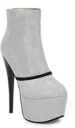 T66-12 - Stivale a spillo con cerniera e tacco alto da 16 cm, con cavolo da 5,5 cm, argento, 46 EU