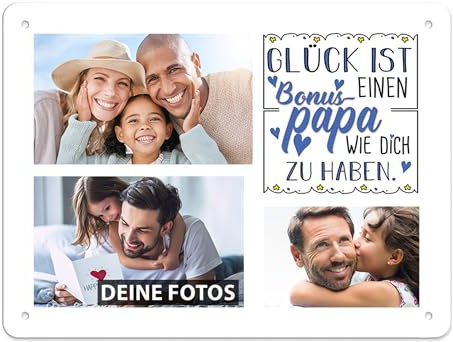 Blech-Schild selbst gestalten - Glück ist einen Bonuspapa wie dich zu haben - Metall-Poster mit 3 Fotos - Schild A5 I Personalisiertes Geschenk für den Bonuspapa, Geburtstag, Weihnachten