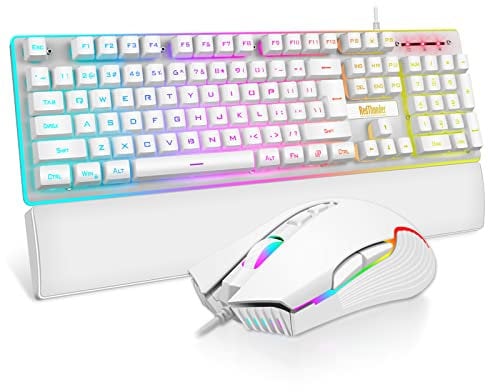 RedThunder K10 Kabelgebundene Gaming-Tastatur und Maus, UK-Layout, echte RGB-Hintergrundbeleuchtung, ergonomische Anti-Ghosting-Tastatur + 7D 7200 DPI Maus für PC, Mac (weiß)