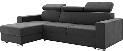 MEBLINI Schlafcouch mit Bettkasten - Ecksofa mit Schlaffunktion - Sofa mit Relaxfunktion und Kopfstützen - Couch L-Form - Eckcouch - Wohnlandschaft - Voss - 242x168x79cm Links - Dunkelgrau Samt