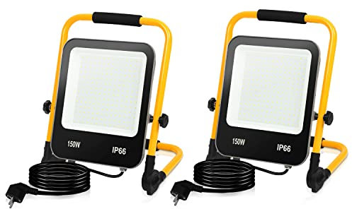 Ikodm LED Baustrahler Arbeitsleuchte, 2x150W Baustellen Strahler inkl. Faltbarer Standgestell und 3M Netzkabel, Baulampe 13000LM 6000K Kaltweiß IP66 Wasserdicht für Innen Außen (mit Stecker)