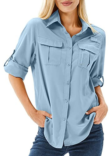 yeyity Camisa para mujer UPF 50 con protección UV, camiseta de manga larga para mujer, camisa de senderismo, ropa de safari, transpirable, secado rápido, informal, top deportivo, Azul5071, S