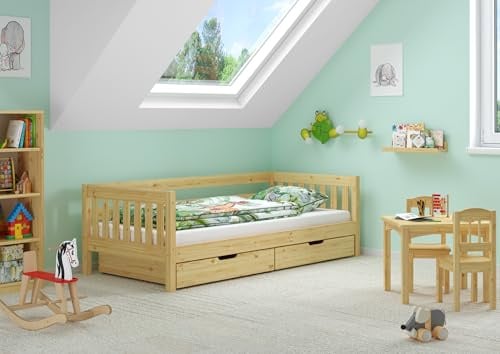 Erst-Holz®Gemütliches Kinderbett mit Dreiseitiger Sicherung 90 x 200 cm KieferRollrost und Doppelbettkasten inkl.