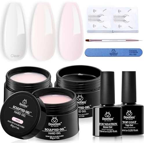 Beetles Builder Gel for Nails-3 Colors 9 in 1 Nail Extension Sculpting Building,Clear Nude Pink Hard Gel Kit with Base Top Coat for Pros Women,UV & LED Lamp Cured Needed