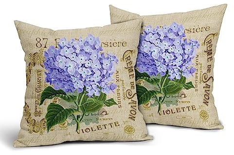 Blumen-Überwurf-Kissenbezüge, 45,7 x 45,7 cm, violett, Hortensien, Vintage, schöne Blumen, Blüte, Kissenbezug, Sommer, Baumwollleinen, quadratisch, für Zuhause, Garten, Outdoor, Bettdekoration, 2