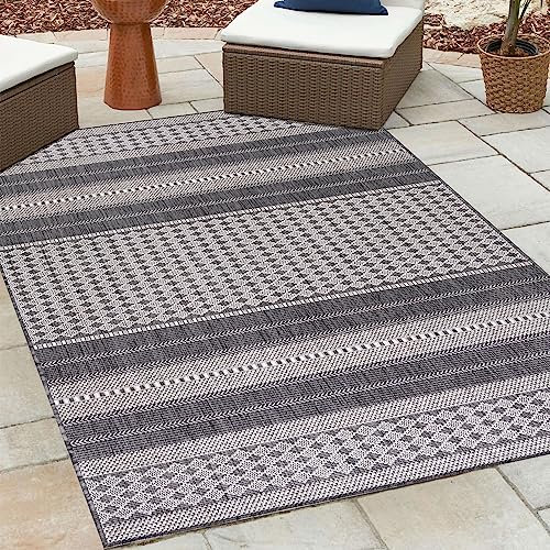 HomebyHome Outdoor Teppich Wetterfest 160x230 cm Sisal Optik Streifen Design Rechteckig Beige - Balkon Teppich Wasserfest Küchenteppich - Für Garten, Terasse, Camping, Außenbereich Teppich