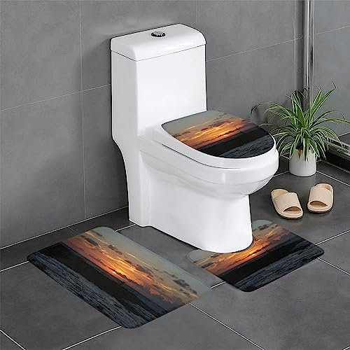 Ocean Cliff Sunset bedruckte Badezimmerteppiche, rutschfester Teppich, Flanell, Badvorleger, 3-teiliges Set mit U-förmigem Kontur, WC-Vorleger für Badewanne, Dusche, WC