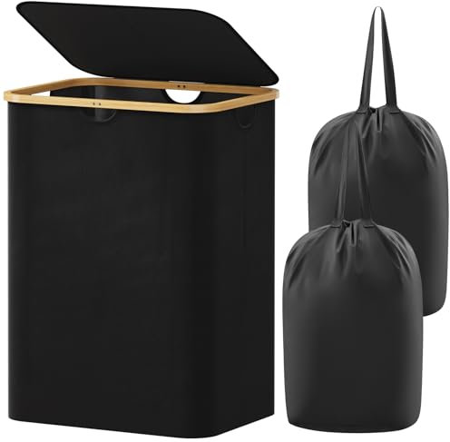 Lifewit 150L Wäschekorb mit Deckel, Wäschekörbe für Wäsche mit Bambus Griffe und Eine Abnehmbare Wäschesack, Große Faltbare Wäschekorb für Schlafzimmer, Bad, Schlafsaal, Waschküche, Schwarz