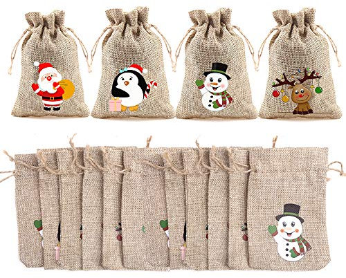 DERAYEE 12 Stück Weihnachtstüten(10x15cm) Weihnachtstasche Karikatur, Weihnachtsmann, Schneemann, Elch, Pinguin für Kinder Weihnachtsgeschenke