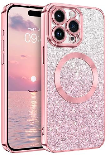 DUEDUE für iPhone 15 Pro Max Hülle Glitzer Mag-Safe 6.7'', iPhone 15 Pro Max Handyhülle Glitzer mit Mag-Safe Magnetische Stoßfeste Schutzhülle Soft TPU für iPhone 15 Pro Max Hülle Mag-Safe 6.7 Rosa