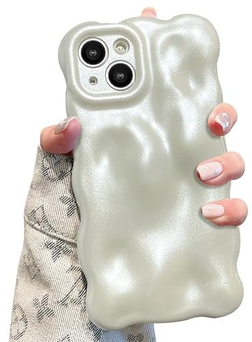 UEEBAI Case for iPhone 14 6.1 inch, Cute Solid Color Curly Wave Shape Shockproof Soft TPU Bumper Phone Case, Candy Color Water Ripple 3D Silicone Slim Pretty Case Non-yellowing Cover, Pearl White