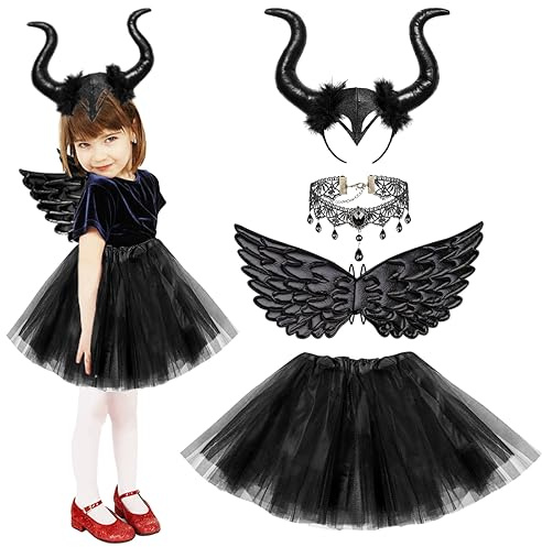 Costume da Diavolo Ragazza per Halloween, 4 Pezzi: Ali Nere, Gonna, Fascia in Corno, Collana di Pizzo Vintage