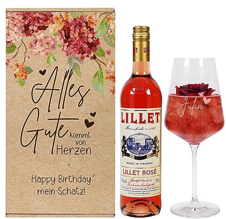 Herz & Heim® Von Herzen alles Gute - Geschenkset mit graviertem Leonardo Weinglas und einer Flasche Lillet Rosé