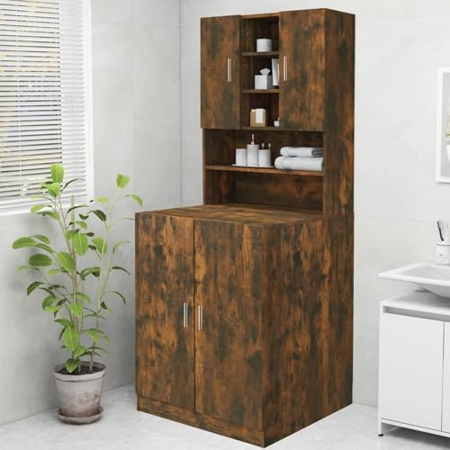 Homgoday Waschmaschinenschrank Räuchereiche 70,5x25,5x90 cm | Holzwerkstoff | 2 Türen & 9 Fächer | Bad & Waschraum Model815945