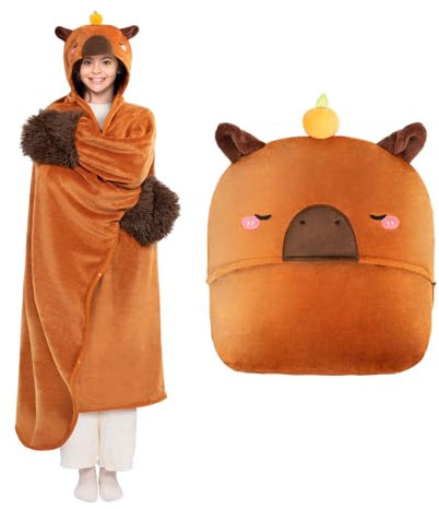 Mewaii Tragbare Decke mit Ärmeln und Kapuze,Personalisierte Hoodie Decken Sofadecke Kuscheldecke Cartoon Capybara mit Orangen Niedliches Tiermuster Decke für Frauen und Mannen 103 * 125CM