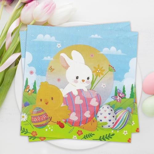 Servietten Ostern, 40 Stück Osterservietten, Ostereier Einweg Papierserviette, Frühling Osterhase Servietten, Kinder Servietten für Kindergeburtstag, Ostern Party Tischdeko