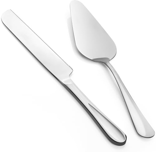 FTAKRY 2-Piece Premium Cake Cutting Set, Exquisite Knife and Server with Serrated Design, Includes Cake Knife and Pie Spatula for Pastry, Pizza and Desserts (Silver)