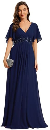 Ever-Pretty Women's Chiffon V Neck Short Sleeves Appliques Evening Dresses Navy Blue Bridesmaids 18UK