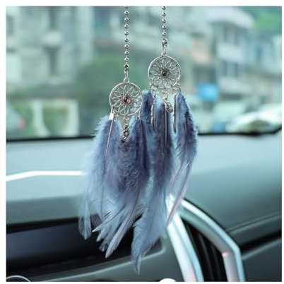 JNNJ Auto Spiegel Hängende Zubehör, Niedlicher Auto Rückspiegel Hängende Ornament, Dreamcatcher Feder Traumfänger, Innen Dekoration Anhänger für Frauen(Grau)