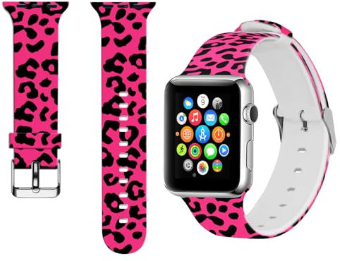 FINCIBO Adjustable Smart Watch Straps, Soft Silicone Watch Bands Compatible with Apple Watch 38mm 40mm, Replacement Wristband for iWatch Series 6 5 4 3 2 1 SE - Black Hot Pink Leopard