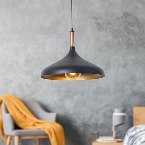 Luzarana Ufo Hängelampe Esstisch Skandinavisch aus Holz und Metall 35 cm, Pendelleuchte Esstisch, Hängelampe Wohnzimmer, Küchenlampe Hängend E27, Pendelleuchte Schlafzimmer, Wohnzimmer (Schwarz)