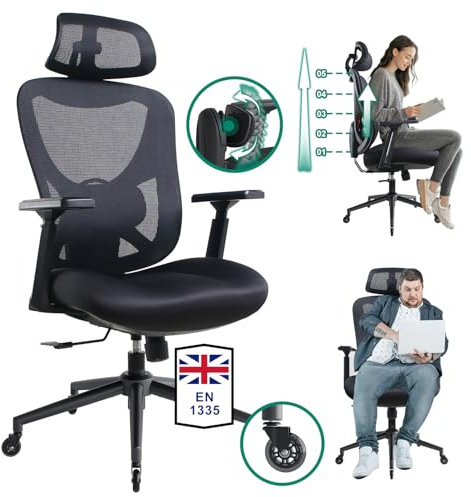 Eucladoceros Ergonomic Office Chair - Lift Up Backrest Desk Chair with Adjustable 3D Lumbar Support, Headrest & Armrest - Gaming Chair with 125° Tilt Lock, Swivel Task Chairs with Rubber Caster(Black)
