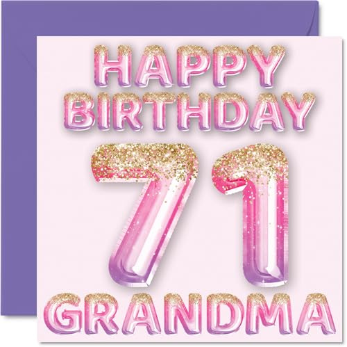 71st Birthday Card for Grandma, Pink & Purple Glitter Balloons | Happy Birthday Cards for 71 Year Old Grandma from Grandson Granddaughter, 145mm Bday Greeting Cards Gift