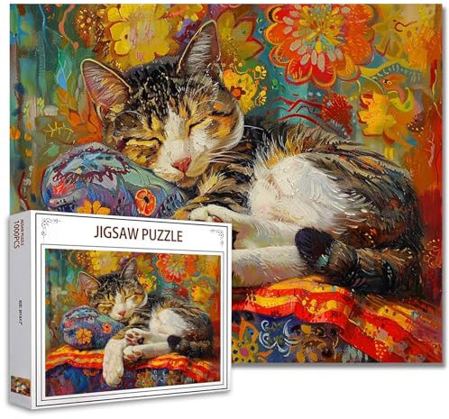Tucocoo 1000 Piece Jigsaw Puzzles for Adults Cute Kitten Sleeping Painting Jigsaw Puzzle Cat Vintage 1000 Pieces Puzzles for Challenging Family Activity Game Animals DIY Puzzle Wall Decor 20x 27 Inch