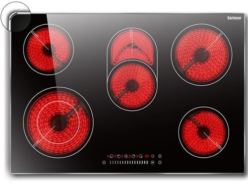 Karinear Placa Vitrocerámica 5 Fuegos 77 cm,Zona de expansión, controles deslizantes, temporizador, 9 ajustes de potencia, bloqueo para niños, 220-240V, desenchufado.