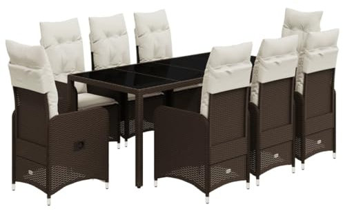 vidaXL Garten Bistroset 9-TLG., Balkonset mit Kissen, Gartenmöbel Tisch 8 Verstellbare Stühle, Balkonmöbel Sitzgruppe Gartengarnitur, Braun Poly Rattan