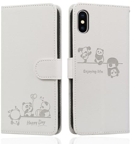 Butnyeoe for iPhone XS Max Flip Case with Card Holder, iPhone XS Max Wallet Case for Women, PU Leather Magnetic Book Protective Phone Cover, Cute Cartoon Panda White
