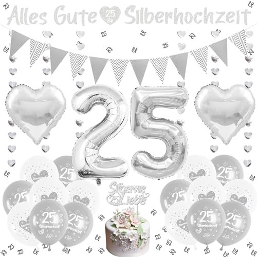 Xietaea Silberhochzeit Deko Silber Luftballons - 40 Stück 25 Jubiläum Dekoration Set mit Ballons Girlande, Zahl 25 Luftballon und Tortendeko, Innen Außen 25 Hochzeitstag Dekorationen