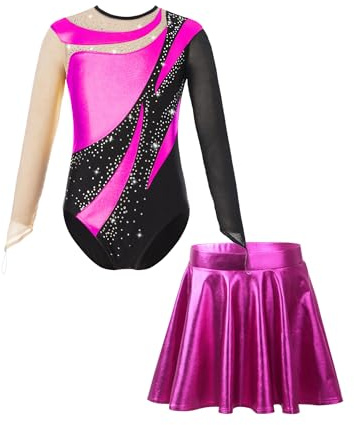 Miaeowve Akrobatik Anzug Mädchen Mit Rock Kinder Metallic Tanzkleidung Langarm Strass Glitzer Sportbody Patchwork Trikot Mit Cut Out Wettbewerb Tanzkostüm