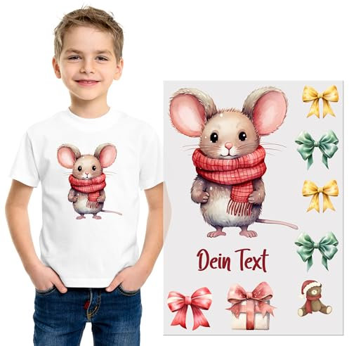 GRAZDesign Bügelbilder Set für Textilien Weihnachten Maus DIN A4 zum selbst aufbügeln, Kinder mit Namen personalisiert