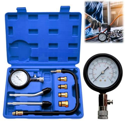 Compresión probador de compresión de gasolina con medidor de presión y 4 adaptadores, 0-20 bar o 0-300 psi, M10, M12, M14, M18, para coche, camión, coche (azul)