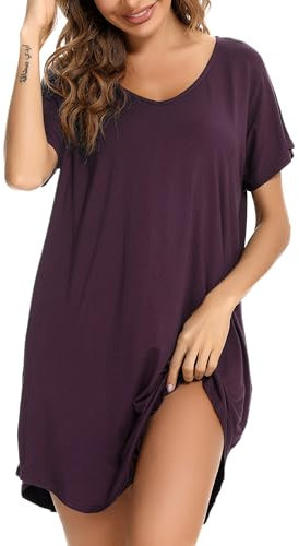 Aseniza Chemise de Nuit Femme Chemises de Nuit Coton Robe de Nuit Grande Taille à Manches Courtes Vêtements de Nuit avec Poches Robe Tee Shirt De Nuit Ample Confortable Maison Beach Violet XL