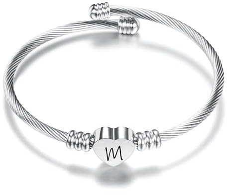 Suonie Plata Amor Corazón 26 Letra Inicial Alfabeto A-Z Pulsera Joyería Regalo Ajustable Para Hija Hijo Hermanas Amigos Madre Colega Amante Cumpleaños Navidad (M)