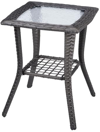 Bonnlo Rattan Beistelltisch mit Glasplatte, Balkonmöbel Grau/Braun, Gartenmöbel klein, Balkontisch Outdoor wetterfest, 46x46x57 cm (Grau)