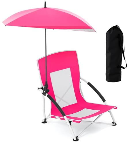 TANGZON Portable Beach Chair, Low Folding Camping Chair with Adjustable & Detachable Umbrella, Umbrella Clamp, Padded Armrests & Carry Bag, Lightweight Outdoor Seat for Picnic Fishing (1, Pink)