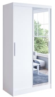 CVERTHAF K6 100 cm weißer Schiebetürenschrank mit Spiegel, geräumig, 100 x 200 x 58 cm, Mehrzweckschrank zur Aufbewahrung im Schlafzimmer, Moderne Möbellösung, stilvolles Design