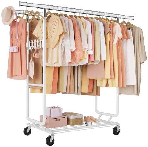FAVOOSTY Schwerlast Kleiderständer auf Rollen, 2 Kleiderstange, Weiß | Metall Kleiderständer Stabil, Bis 200KG, Garderobenständer, 107x54x146CM, 1 Min Installation für Schlafzimmer, Wohnzimmer