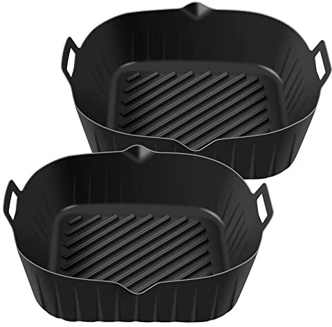Harewtwy Air Fryer Silicone Pot with Handle, 8.6 Inch Reusable Air Fryer Liners Heat Non-Stick Air Fryer Basket,Black