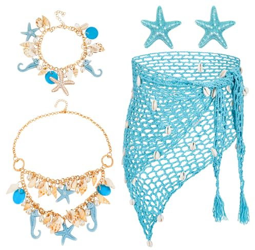 XEPST 5 STÜCK Meerjungfrau Kostüm für Frauen - Sirenen Kostüm Meerjungfrau Zubehör Set mit Sarong Häkelrock Vertuschen Seestern Haarspangen Muschelschmuck für Halloween Cosplay Karneval