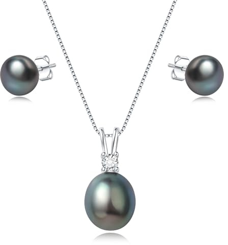 YAMI Perlenschmuckset für Damen, 9,5–11 mm AAAA Süßwasser-/Salzwasserperlenkette und 8–8,5 mm Perlenohrringe, Perlenohrringe Silber 925, Ideal für Geschenke