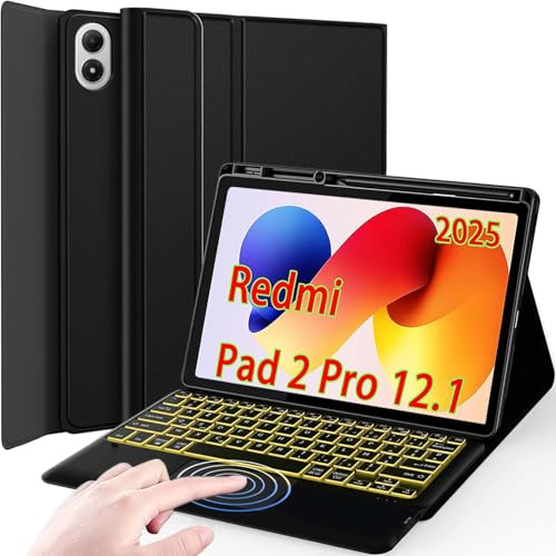 Nanhent Rétroéclairé Clavier Coque pour Xiaomi Redmi Pad 2 Pro 12.1 Pouces 2025, Smart Touchpad, AZERTY Français Amovible Bluetooth sans Fil Clavier avec Housse Étui Cuir PU