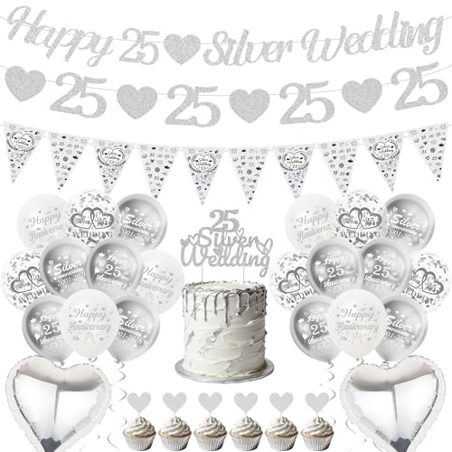 25th Silver Wedding Anniversary Decorations - Happy 25th Silver Wedding Banner and Bunting, Glitter 25 Hearts Garland 25th Anniversary Balloons Cake Topper for 25 Years Decor