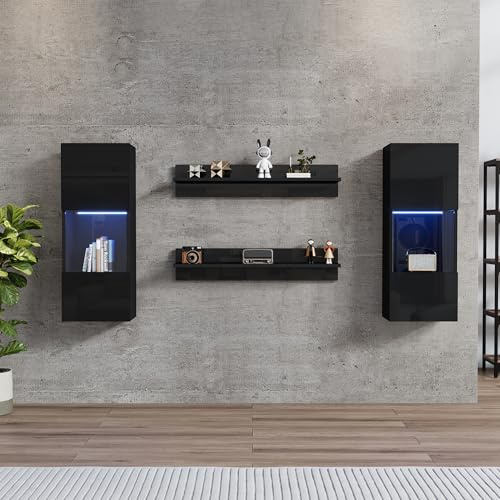 Worletty TV-Schrank,Fernsehtisch,Wandregal 4er Sett, LED-Wandschrank und 2 Regale – Smarte APP-gesteuerte Beleuchtung, Hochglanzoberfläche und Türen aus gehärtetem Glas, TV-Schrank-Set, Schwarz
